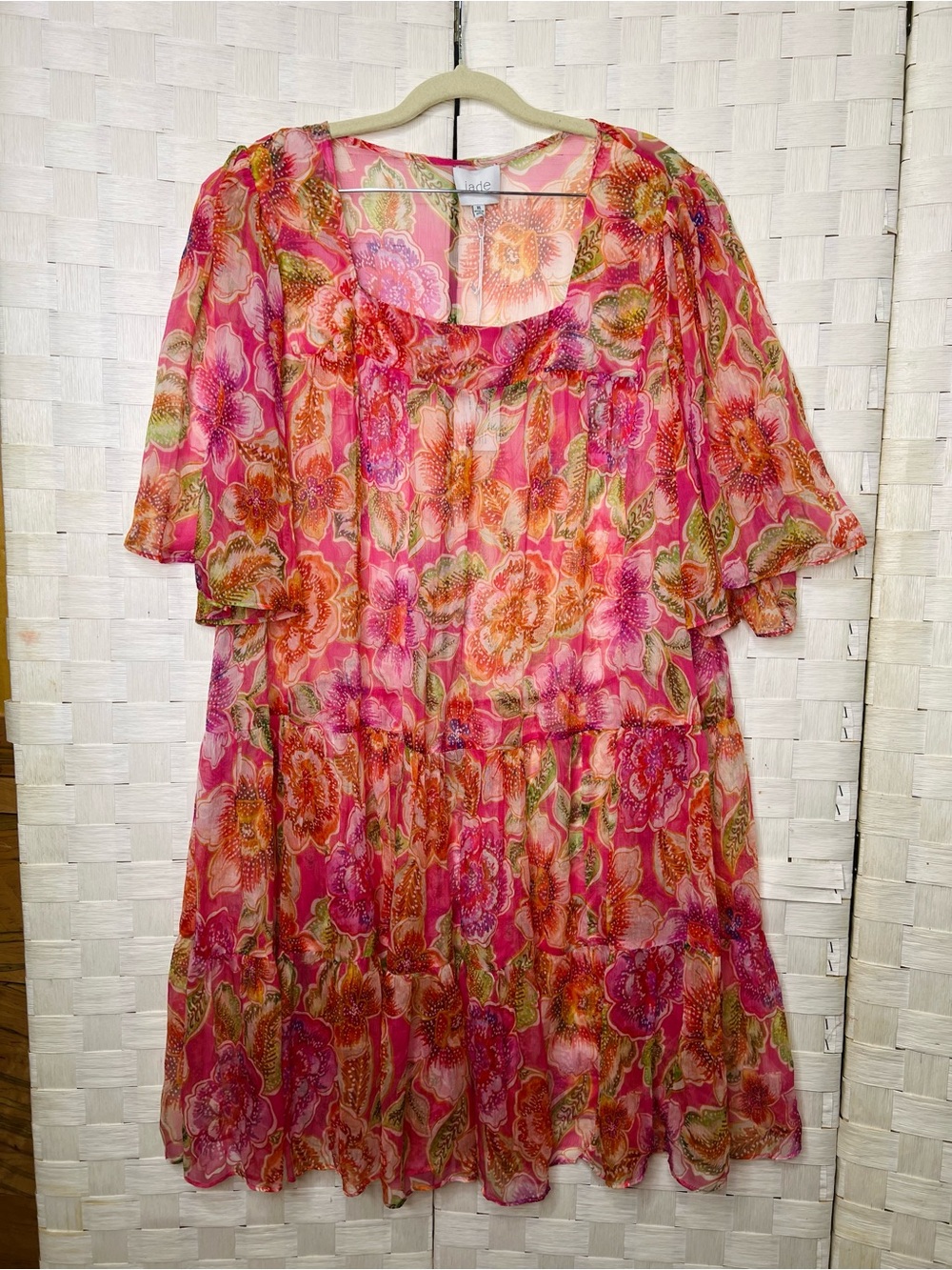 Johnny Was Pink Floral Chiffon Tiered Midi Dress with Orange Accents